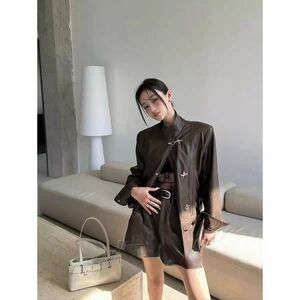 Brown Leather Jacket with Toggle Closures